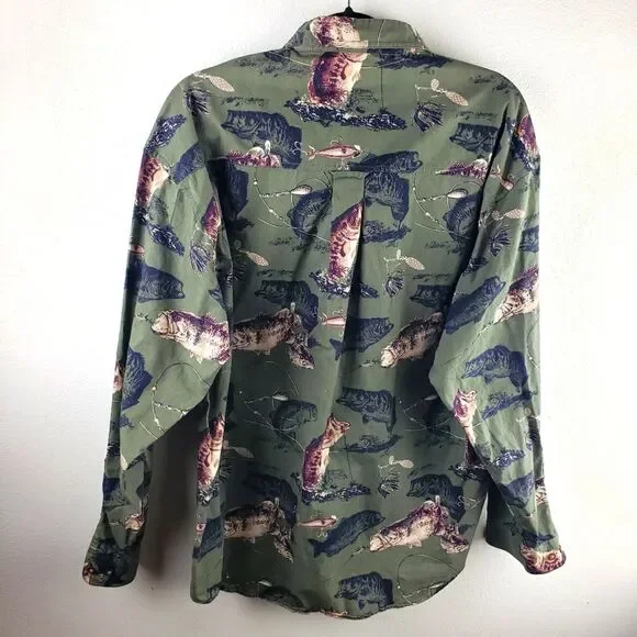 Men's The North River Green Button Up Long Sleeve Bass Fish Shirt Size Large - Picture 3 of 11